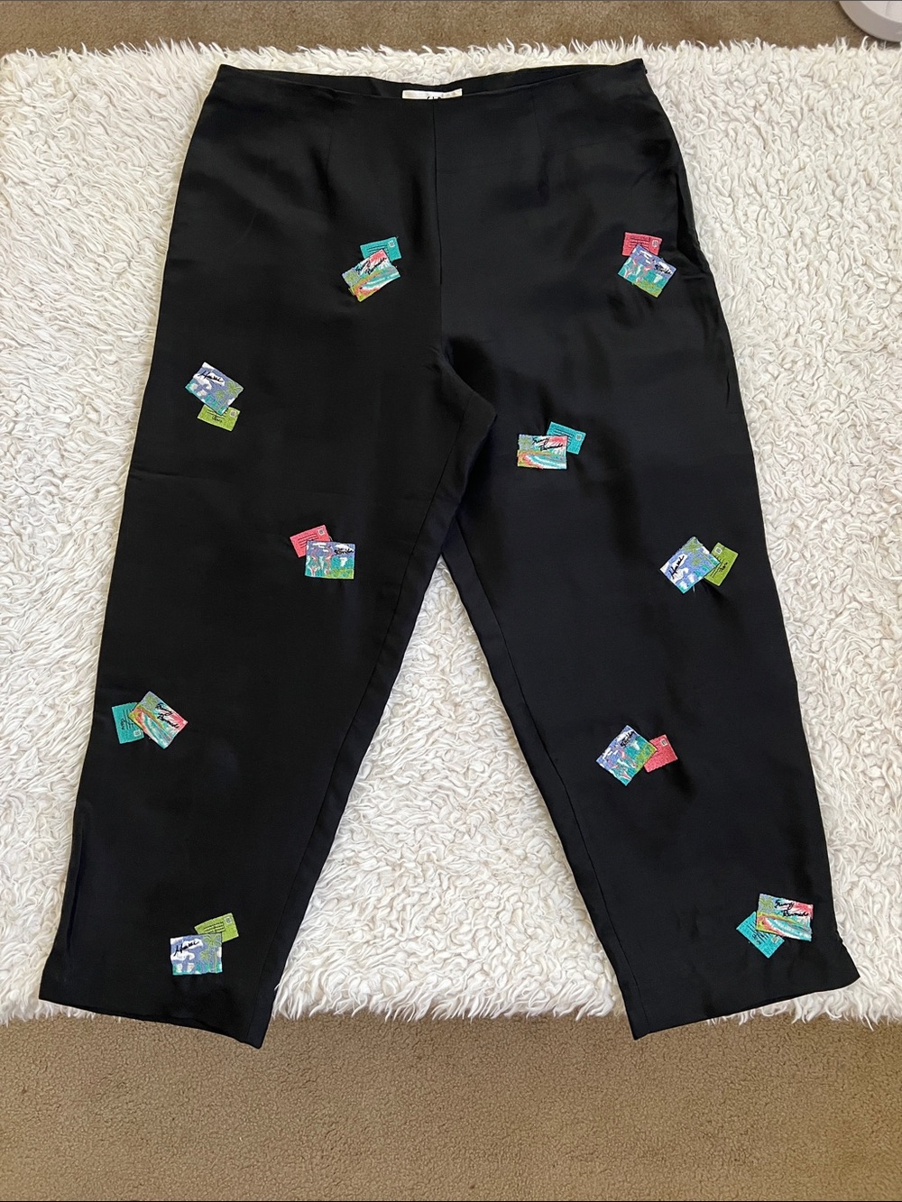 S.L.B Silk Capri Black Pants Tropical Postage Size 12